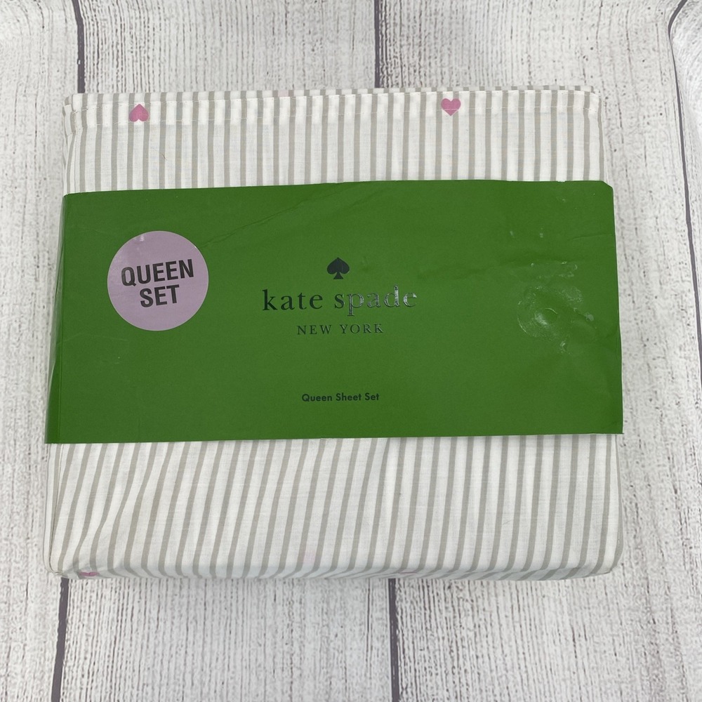 Kate Spade Sheet Set QUEEN White Gray Stripes Pink Hearts Valentines 100% Cotton
